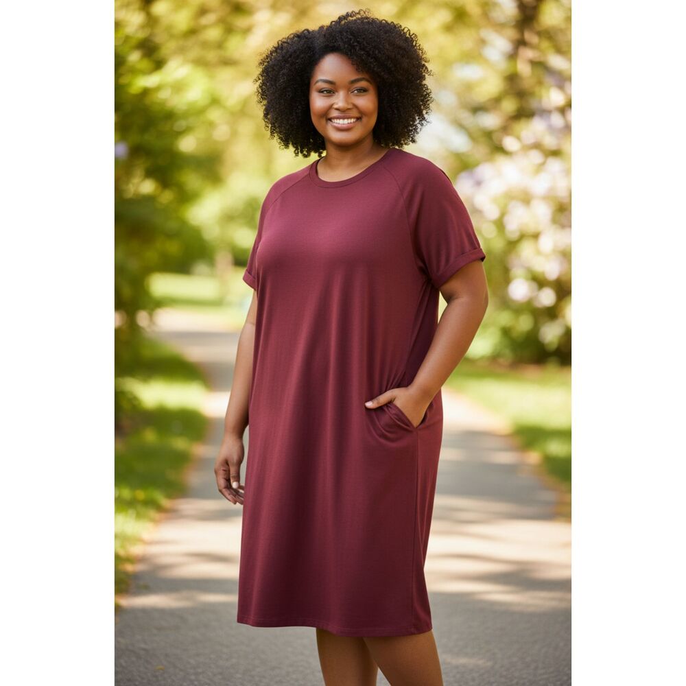 Poetsky Women's Burgundy T-Shirt Dress Size 3XL Short Sleeve with Pockets